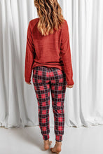 Load image into Gallery viewer, Round Neck Top and Drawstring Plaid Pants Lounge Set