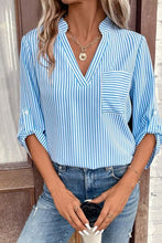Load image into Gallery viewer, Striped Notched Roll-Tab Sleeve Shirt