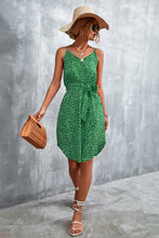 Load image into Gallery viewer, Printed V-Neck Tie Waist Mini Dress