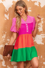 Load image into Gallery viewer, Color Block Buttoned Puff Sleeve Dress