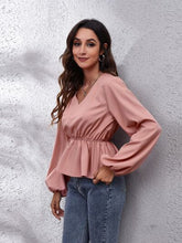 Load image into Gallery viewer, V-Neck Balloon Sleeve Peplum Blouse