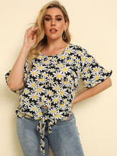 Load image into Gallery viewer, Plus Size Floral Round Neck Tie Hem Blouse