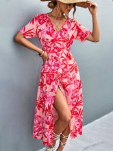 Load image into Gallery viewer, Floral Print High Slit Surplice Neck Tie Waist Midi Dress