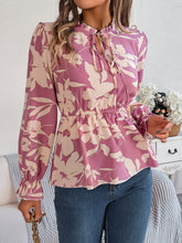 Load image into Gallery viewer, Printed Tie Neck Flounce Sleeve Blouse