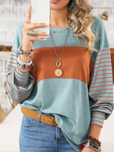 Load image into Gallery viewer, Round Neck Striped Long Sleeve Slit T-Shirt