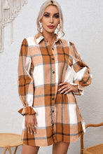 Load image into Gallery viewer, Plaid Collared Neck Flounce Sleeve Shirt Dress