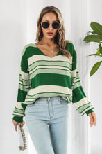 Load image into Gallery viewer, Striped V-Neck Dropped Shoulder Sweater