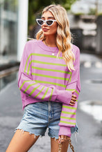 Load image into Gallery viewer, Striped Round Neck Drop Shoulder Slit Sweater