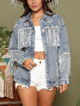 Load image into Gallery viewer, Fringe Detail Long Sleeve Denim Jacket