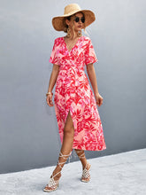 Load image into Gallery viewer, Floral Print High Slit Surplice Neck Tie Waist Midi Dress
