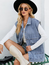 Load image into Gallery viewer, Collared Neck Sleeveless Denim Top with Pockets