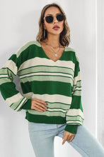 Load image into Gallery viewer, Striped V-Neck Dropped Shoulder Sweater
