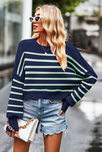 Load image into Gallery viewer, Striped Round Neck Drop Shoulder Slit Sweater
