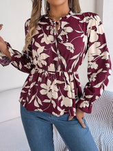 Load image into Gallery viewer, Printed Tie Neck Flounce Sleeve Blouse
