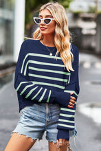 Load image into Gallery viewer, Striped Round Neck Drop Shoulder Slit Sweater