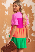 Load image into Gallery viewer, Color Block Buttoned Puff Sleeve Dress