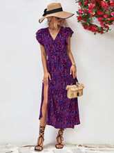 Load image into Gallery viewer, Printed Surplice Neck Flutter Sleeve Slit Dress