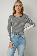Load image into Gallery viewer, Striped Round Neck Long Sleeve Lace Trim T-Shirt