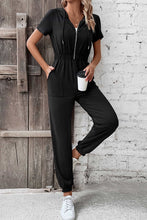 Load image into Gallery viewer, Zip-Up Short Sleeve Hooded Jumpsuit with Pockets