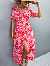 Load image into Gallery viewer, Floral Print High Slit Surplice Neck Tie Waist Midi Dress