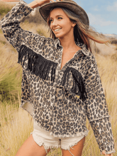 Load image into Gallery viewer, Leopard Fringe Detail Collared Neck Denim Jacket