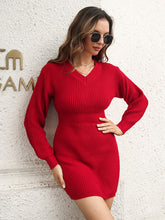 Load image into Gallery viewer, Rib-Knit V-Neck Sweater Dress