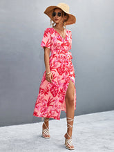 Load image into Gallery viewer, Floral Print High Slit Surplice Neck Tie Waist Midi Dress