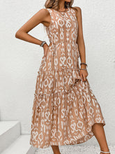 Load image into Gallery viewer, Frill Cutout Printed Round Neck Sleeveless Dress
