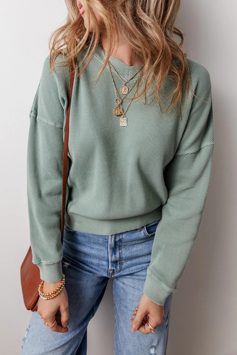 Waffle-Knit Long Sleeve Dropped Shoulder Top