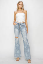 Load image into Gallery viewer, RISEN Mid Rise Button Fly Start Print Flare Jeans
