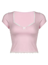 Load image into Gallery viewer, Lace Detail Sweetheart Neck Short Sleeve T-Shirt
