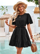 Load image into Gallery viewer, Crisscross Round Neck Flutter Sleeve Mini Dress
