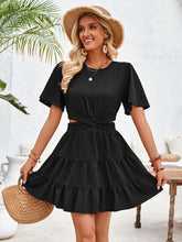 Load image into Gallery viewer, Crisscross Round Neck Flutter Sleeve Mini Dress
