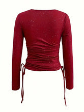 Load image into Gallery viewer, Valentine’s Day Glitter Drawstring Surplice Long Sleeve Blouse
