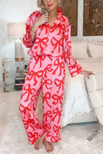 Load image into Gallery viewer, Bow Print Collared Neck Top and Pants Lounge Set
