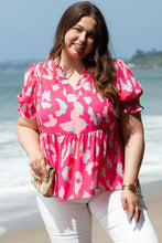 Load image into Gallery viewer, Plus Size Ruffled Printed Notched Short Sleeve Blouse
