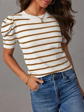 Load image into Gallery viewer, Striped Round Neck Puff Sleeve Knit Top
