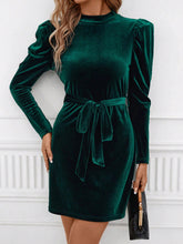 Load image into Gallery viewer, Mock Neck Tie Waist Puff Sleeve Mini Dress
