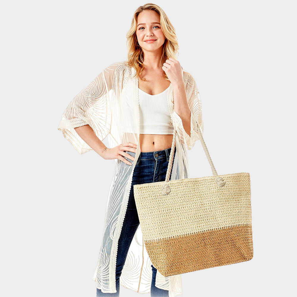 Two Tone Straw Beach Bag