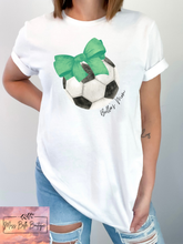 Load image into Gallery viewer, Personalized Soccer Bow Shirt, You choose bow color and personalized print!
