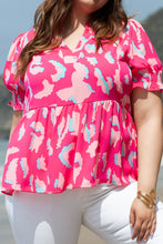 Load image into Gallery viewer, Plus Size Ruffled Printed Notched Short Sleeve Blouse
