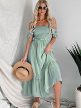 Load image into Gallery viewer, Frill Smocked Off-Shoulder Ruffle Sleeve Dress
