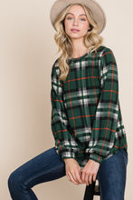 Load image into Gallery viewer, BOMBOM Curved Hem Plaid Round Neck Long Sleeve Top
