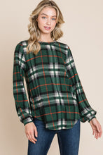 Load image into Gallery viewer, BOMBOM Curved Hem Plaid Round Neck Long Sleeve Top
