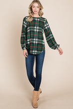 Load image into Gallery viewer, BOMBOM Curved Hem Plaid Round Neck Long Sleeve Top
