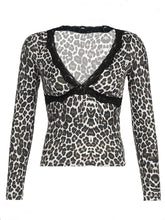 Load image into Gallery viewer, Devine Lace Detail Leopard V-Neck Long Sleeve T-Shirt
