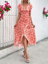 Load image into Gallery viewer, Ruffled High-Low Printed Short Sleeve Midi Dress
