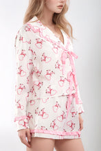 Load image into Gallery viewer, Valentine’s Day Ribbon Tied Printed Long Sleeve Top and Shorts Lounge Set
