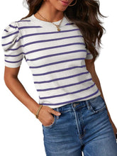 Load image into Gallery viewer, Striped Round Neck Puff Sleeve Knit Top
