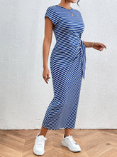 Load image into Gallery viewer, Tied Striped Round Neck Short Sleeve Tee Dress

